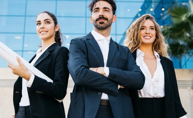A small business team outside their office